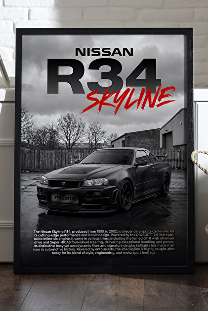 Duvarda Nissan R34 Skyline Siyah Ahşap Çerçeveli Poster, Dekoratif