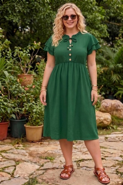 Women's Plus Size Midi Length Ruffle Sleeve Button Detail Summer Dress
