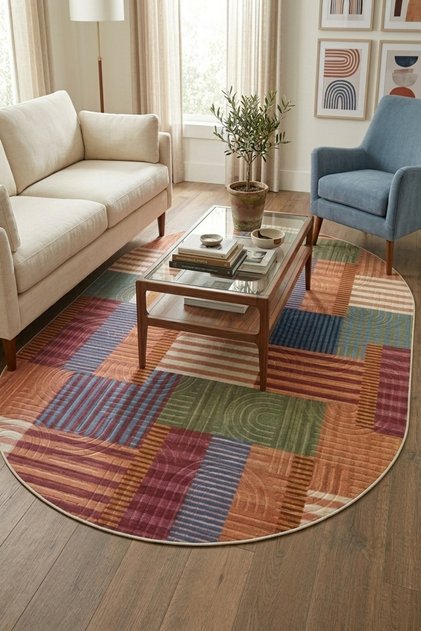 Oval Bohemian Washable Stain Resistant Modern Multi Colored Special Series Non-Slip Base Carpet Rug Runner Rcmulti_Klm_Yenimdl_Elips_002