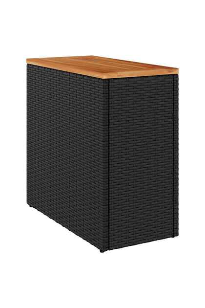 Masă laterală de grădină cu blat din lemn, neagră, 58x27,5x55 cm, poliratan