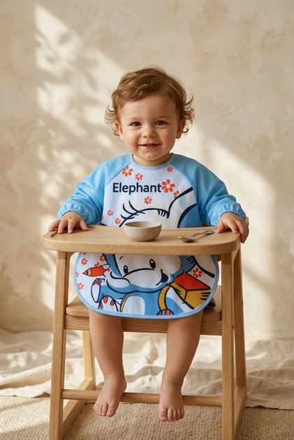 Blue Elephant Character Liquid-Proof Baby Food and Painting Bib with Sleeves - Blw Compatible Stain-Proof m