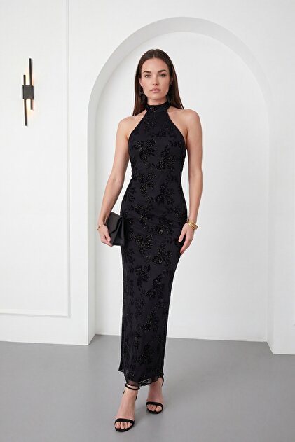Lafaba Women's Black Halter Neck Shiny Glitter Patterned Maxi Dress- Trendyol Lafaba Women's Black Halter Neck Shiny Glitter Patterned Maxi Dress- Trendyol