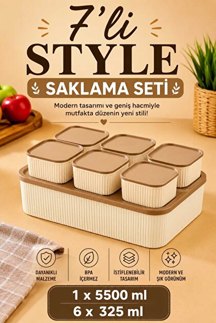 7-Piece Storage Container Set Striped Beige | 6 X 325 ml - 1 X 5500 ml | Microwave and Freezer Compatible
