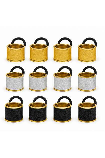 Set de 12 bigudiuri pentru coafat cu elastic, design elegant în auriu, argintiu și negru.
