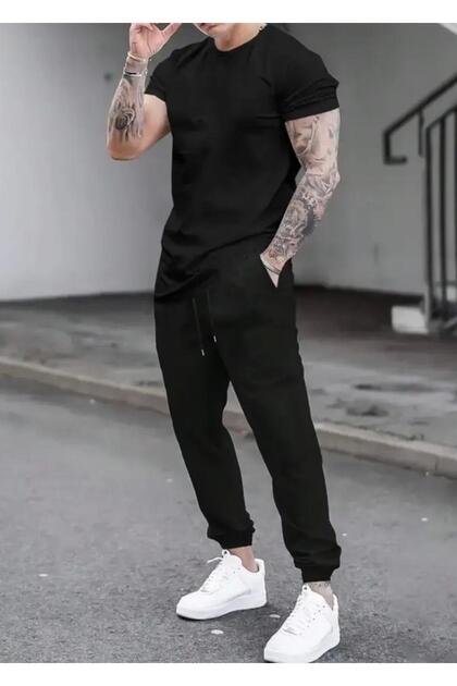 New Season Solid Color 100% Cotton Plus Size Short Sleeved Summer Men's Tracksuit Set
