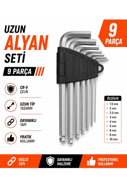 Uzun Alyan Seti 9 Parça Allen Anahtar Takımı Uzun Kol Alyan Takımı İmbus Anahtar Seti Profesyonel El Aleti