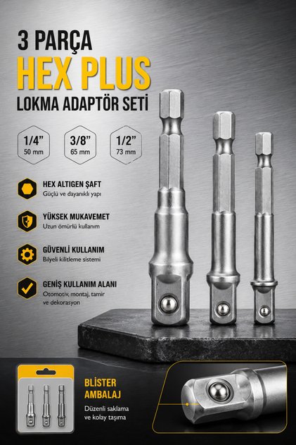 Hex Plus Lokma Adaptör Seti 3 Parça 1/4 3/8 1/2 İnç Lokma Dönüştürücü Altıgen Şaftlı Matkap Adaptörü Bilyeli Kilitli Lokma Ucu Seti Profesyonel Kullanım