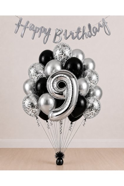 -9- Age Silver Happy Birthday Banner Themed Balloon Bundle 15 Pieces
