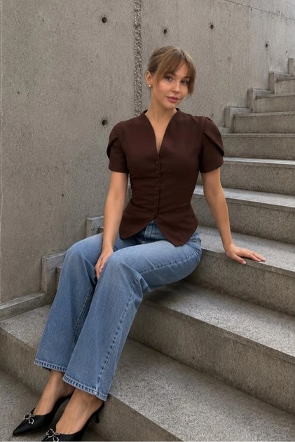 Women's Brown Sleeve Detailed Buttoned Jacket 1041-2885