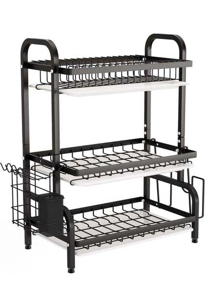 Rustproof 3-Tier Dish Drying Rack with Utensil Basket, Cup Holder and Drain Board, Compact Kitchen Organizer