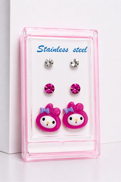 Stainless Steel Needle Earrings Set with Rabbit Kuromi My Melody Strawberry Teddy Bear – Pink Teddy Bear Figure Needle Earrings with Crystal Stones, Set of 3