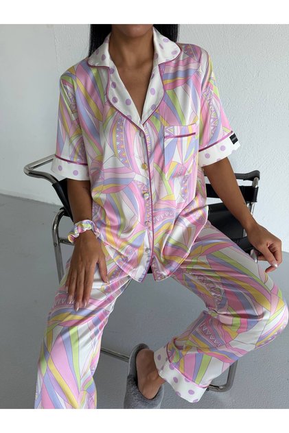 Premium Satin Fabric Buttoned Short Sleeve Long Pajama Set - with Bandage and Buckle Gift - Dusty Pink Colorful
