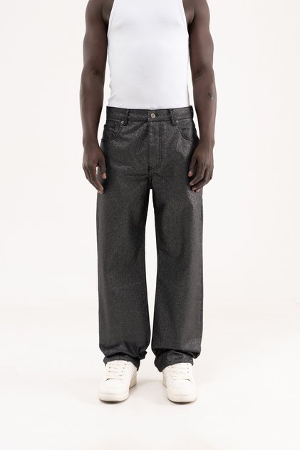 Men's Glitter Coated Fabric Baggy Jean Trousers Black