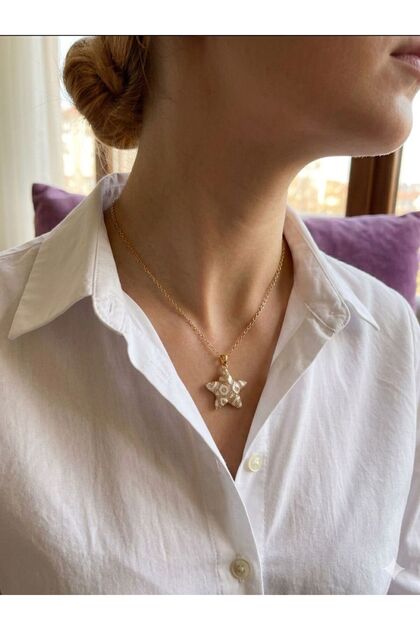 Women's Steel White - Black Enamel Starfish Pendant with Zircon Stone Gold Chain Necklace Jewelry