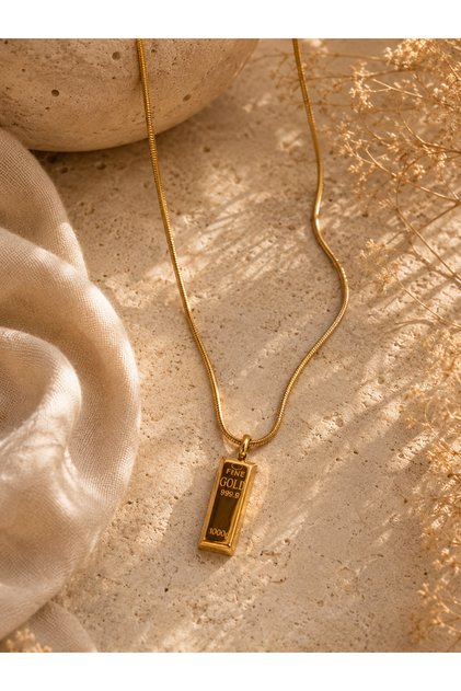 Külçe Altın Tasarımlı Çelik Kolye (Gold Renk)