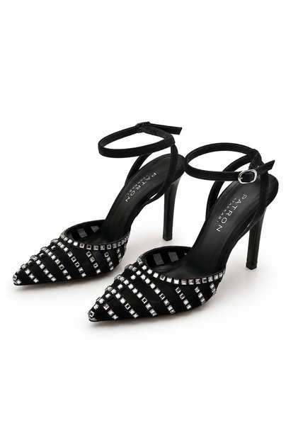 10 cm Heeled Suede Stone Detailed Pointed Toe Ankle Strap Evening Dress Shoes