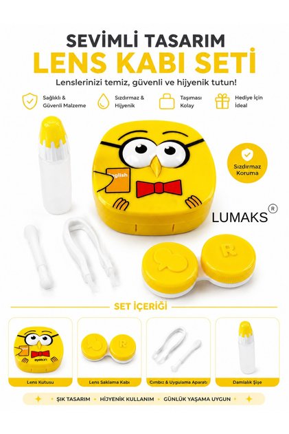 Sarı Baykuş Lens Kabı Seti | Sevimli Tasarım Aynalı Lens Saklama ve Bakım Seti