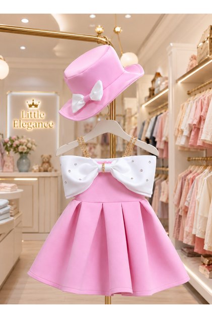 Girls' Shoulder Bow Detail Dress and Hat Imported Panda Fabric