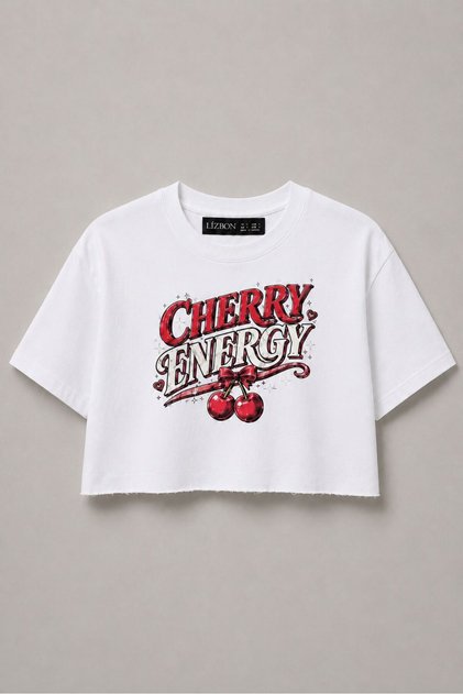Women's Crop T-Shirt Cherry Energy Printed Oversize Relaxed Fit Short Tshirt