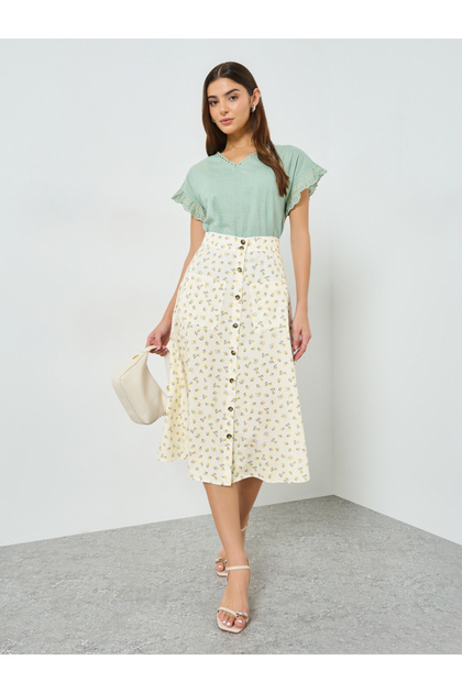 Beige Ditsy Print Buttoned Front Midi Skirt