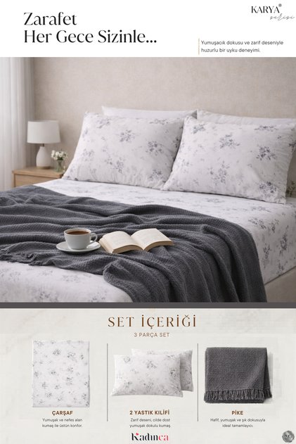 Karya Series ® | Premium Pike Set | Special Boxed | Pique Fabric with Floral Pattern | Double Bed Sheet & 2 X Pillowcases
