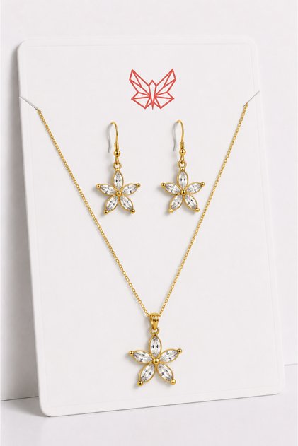 Lotus Flower Figured Gold Necklace and Earring Jewelry Set – Women's Accessory with Zircon Stones