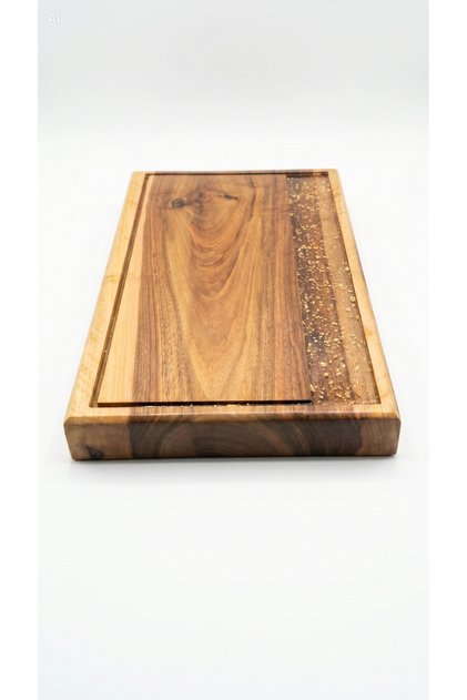 Platou de servire Masiv „Tezaur” din Lemn de Nuc cu Rășină Epoxidică și Foiță de Aur, 47.5 x 28.5 x 4.8 cm