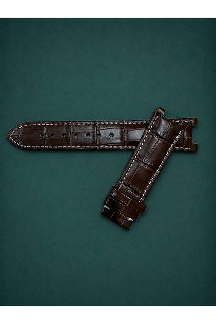 22mm / 20mm Brown Vintage Genuine Watch Band Gc Compatible Crocodile Patterned White Stitched Premium Strap