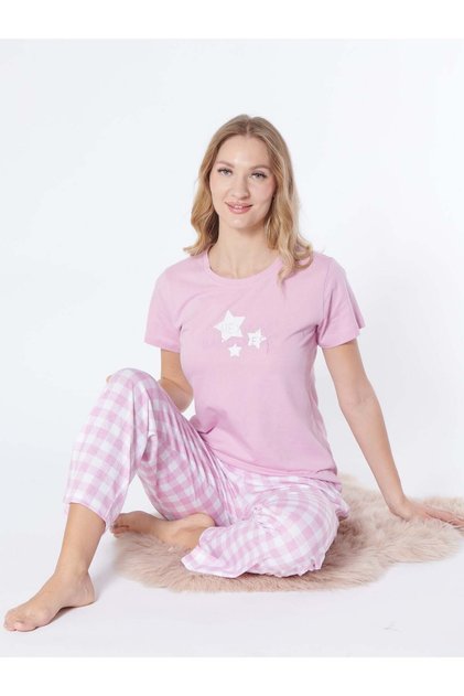 Women's Summer Short-Sleeved Plaid Patterned Pajama Set 78-102