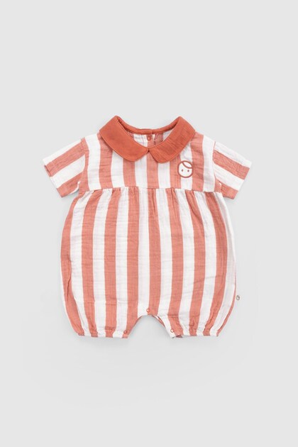 Organic Cotton Muslin Baby Collared Jumpsuit with Orange Stripes