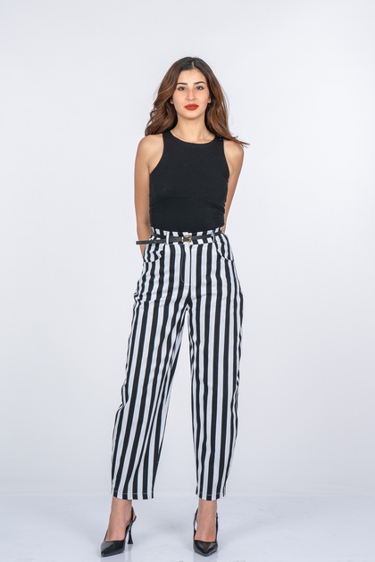 Women's Summer Black-White High Waist Monica Pocketed Polka Dot Patterned Elastic Waist Trousers Casual Daily Office Stylish 30403