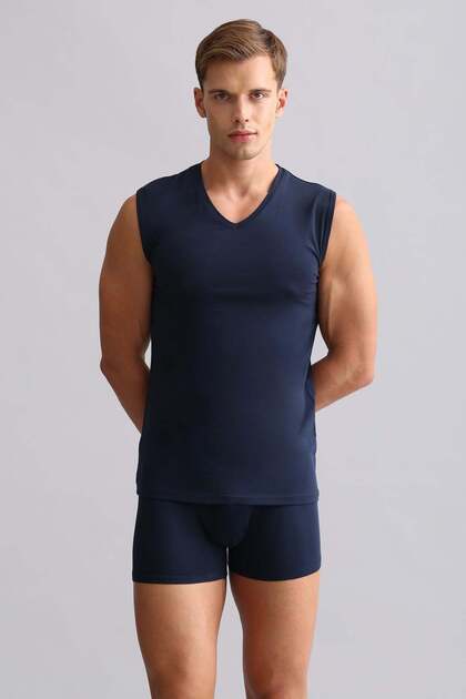 Egyptian Modal by Tencel Hercules Slim Fit V-Neck Sports Athlete Undershirt / T-Shirt Navy Blue