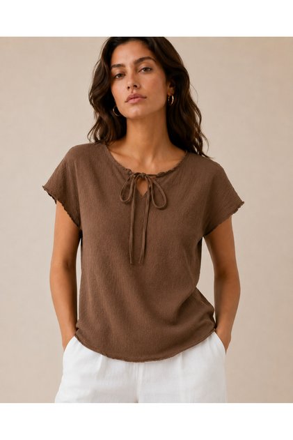 Women's Slit Detailed Lace-Up Collar Comfortable Fit Blouse