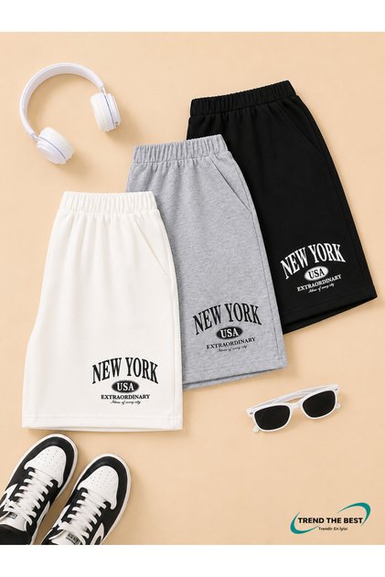 Summer New York Printed Boys and Girls Black, White, Gray Colors 3-Piece Shorts