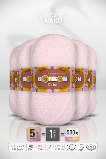 Crystal • Powder Pink (98331) - 5-Pack X 100Gr/475M - Fine Yarn Hand Knitting Thread - Shawl Blouse Yarn