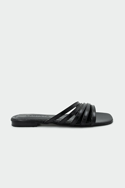 Tiyos Stripe Detailed Women's Black Flat Slippers