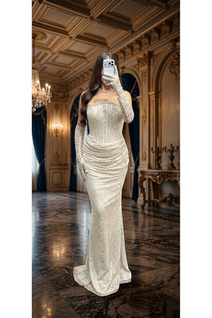 Beyaz Dantel ,İşlemeli ,Nikah,Nişan Elbisesi