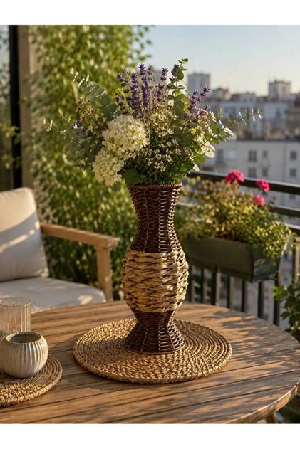 Rattan Çok Amaçlı Dekoratif Hasır Vazo-Modern Şık Tasarım Vazo Kahverengi Renk 29 Cm