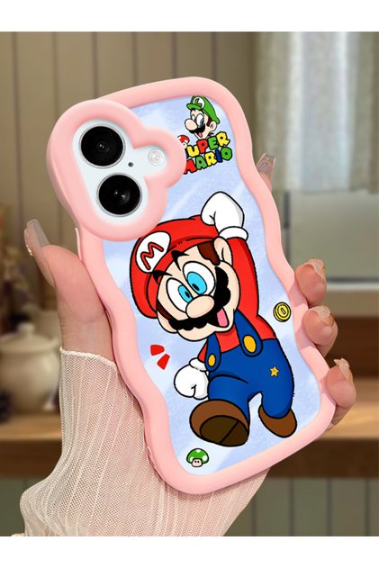 iPhone 16 Plus Compatible Case with Camera Protector Pink Silicone Couple Phone Case Mario Pattern