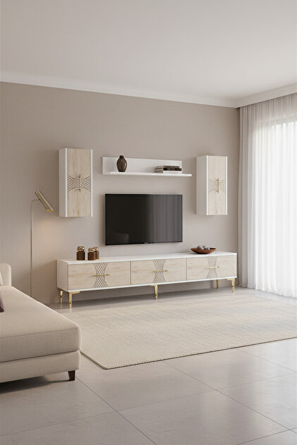TVR1832BTG SLİM TV ÜNİTESİ TAKIMI BEYAZ-TRAVERTEN-GOLD 180CM