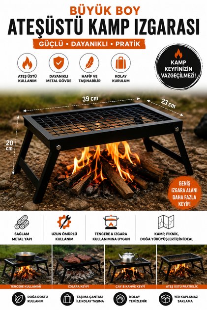 Büyük Boy Kamp Izgarası 39x23 cm Katlanabilir Ateş Üstü Izgara Dayanıklı Metal Kamp Mangalı Piknik Barbekü