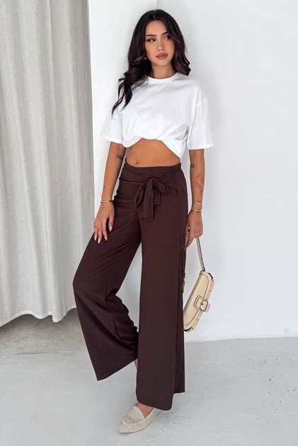 Women's Brown Casual Wide-Leg Trousers with Tie Detail