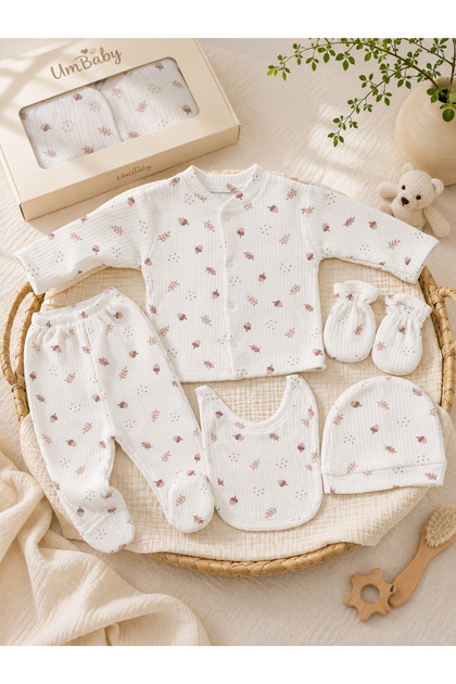 Newborn 5-Piece Hospital Discharge Set, 100% Cotton Ribbed Boxed Gift Baby Bodysuit Set