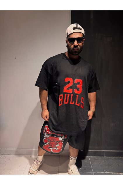 Big Size Battal Bulls 23 Printed Crew Neck Short Sleeve Black T-Shirt
