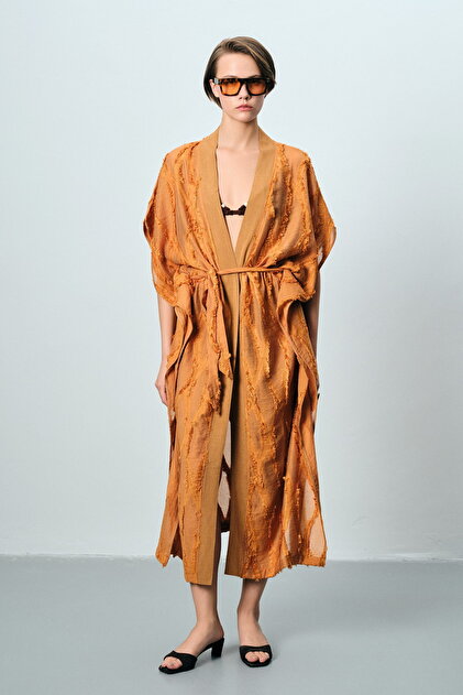 Waist-Tied Collar Detailed Jacquard Cinnamon Dress