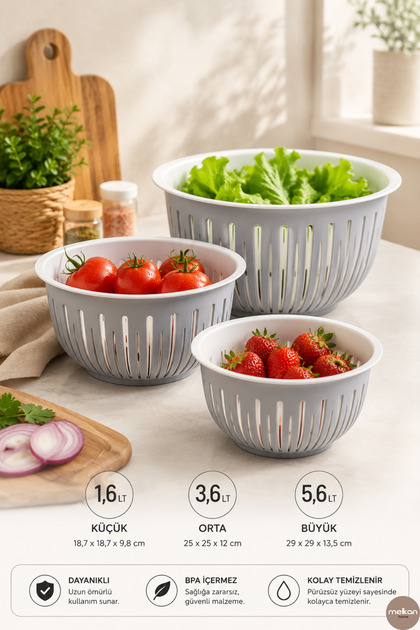 Melkan Home 3'lü Karıştırma ve Saklama Kase Seti – 1,6 + 3,6 + 5,6