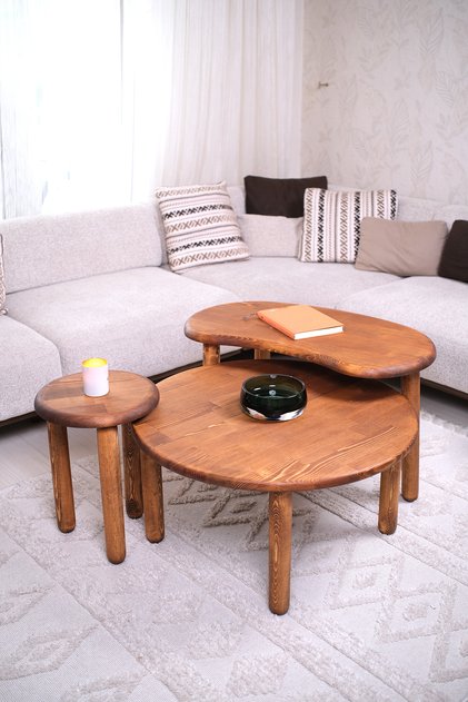 Masif Ahşap Üçlü Orta Sehpa Grubu | Ceviz Tonu Yuvarlak Organik Modern Mid-Century Sehpa