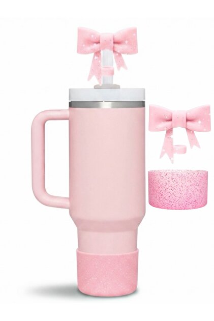 Pembe Simli Silikon Termos Taban Koruyucu ve Fiyonk Pipet Tıpası Seti – Toz ve Böcek Engelleyici