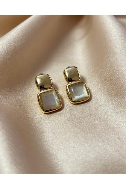 Gold Earrings with Square Natural Stones
