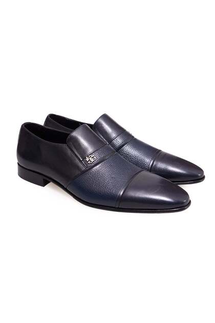Dark Blue Color Laceless Genuine Leather Men's Shoes
